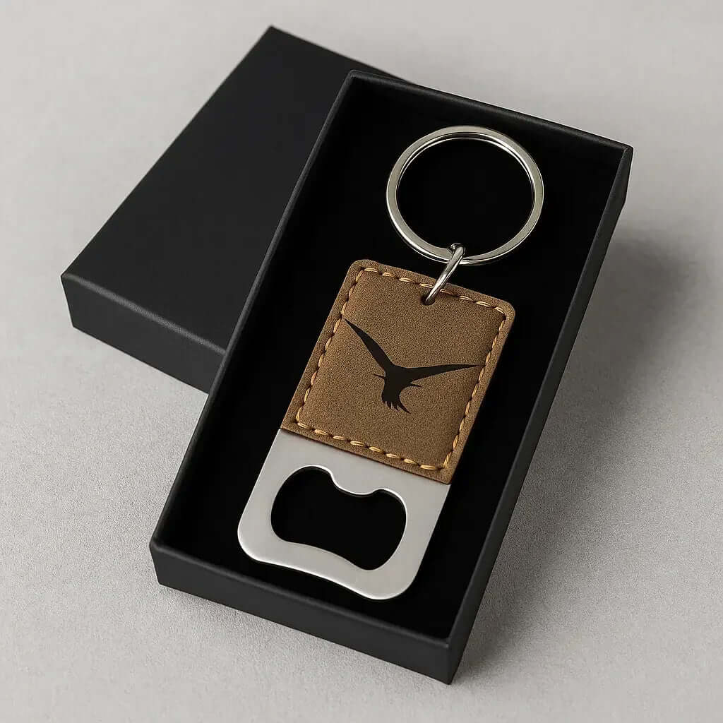 Custom leather keychain bottle opener customize laser engraving - Hadi Craft