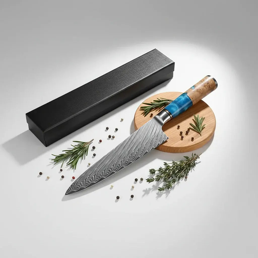 Damascus Chef Knife with Blue Resin Handle - Hadi Craft