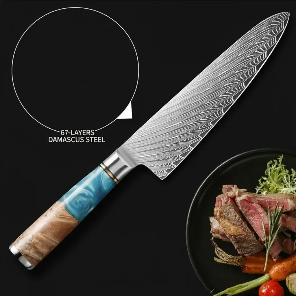 Damascus Chef Knife with Blue Resin Handle - Hadi Craft