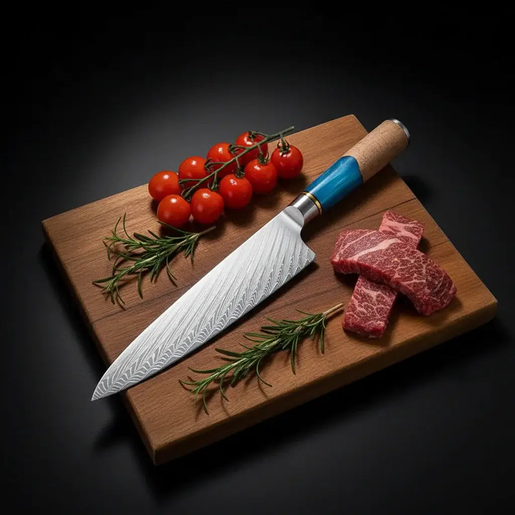 Damascus Chef Knife with Blue Resin Handle - Hadi Craft