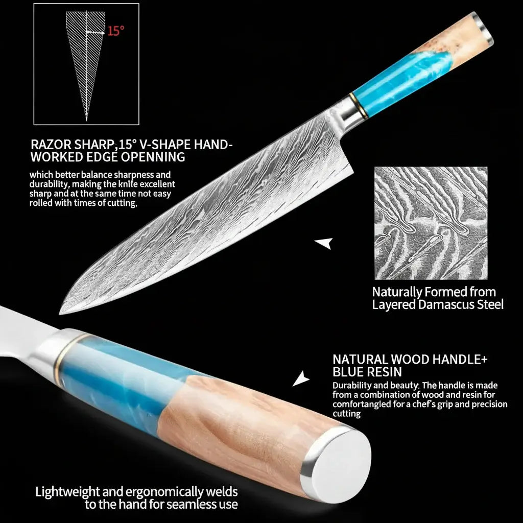 Damascus Chef Knife with Blue Resin Handle - Hadi Craft