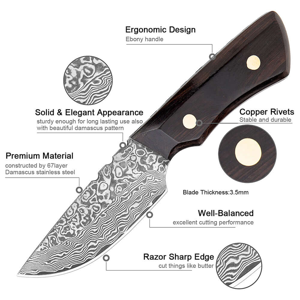 Damascus Outdoor Knife – Leather Scabbard EDC Knife - Hadi Craft