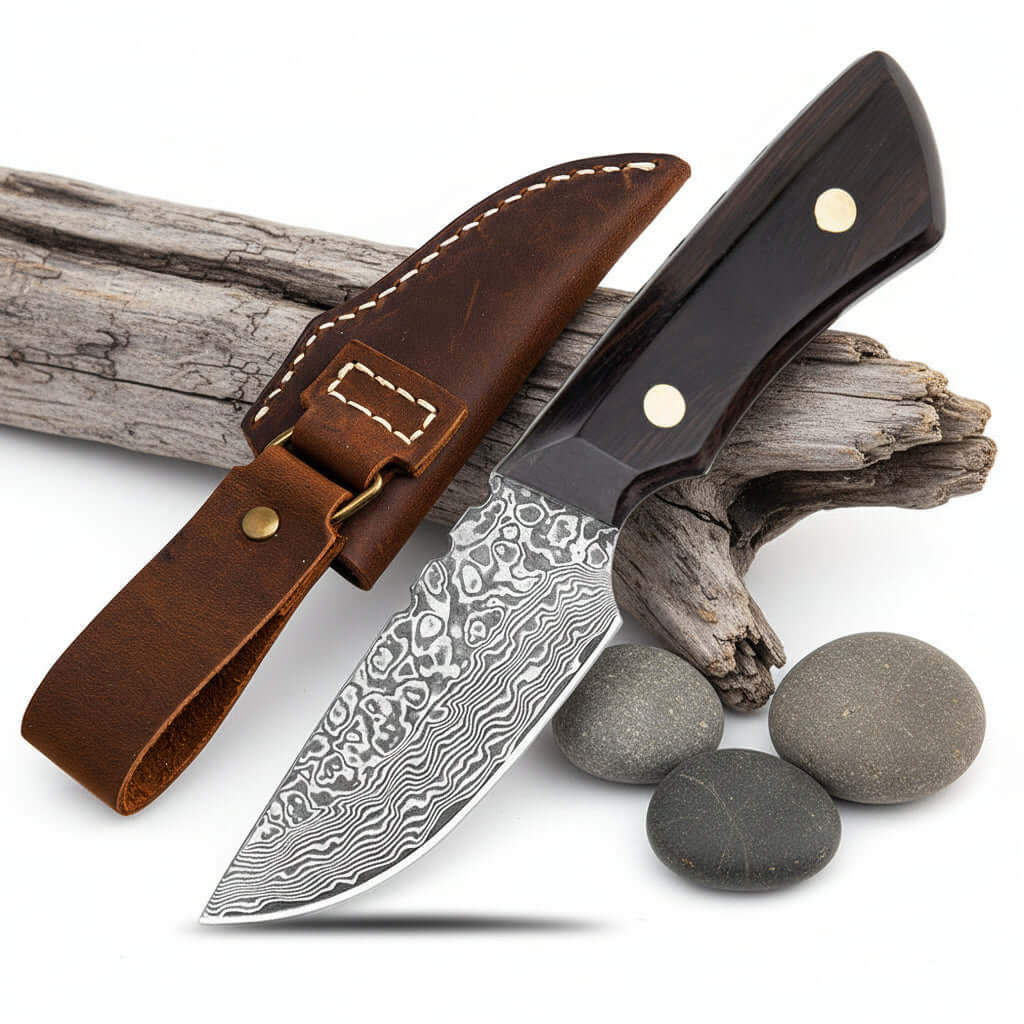 Damascus Outdoor Knife – Leather Scabbard EDC Knife - Hadi Craft