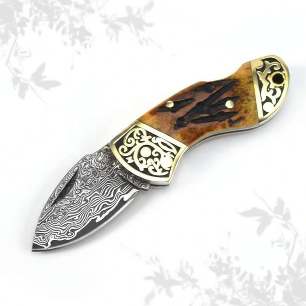 Damascus Steel Folding Knife – Brown Bone & Brass Handle Pocket Knife for Men | EDC Gift Knife - Hadi Craft