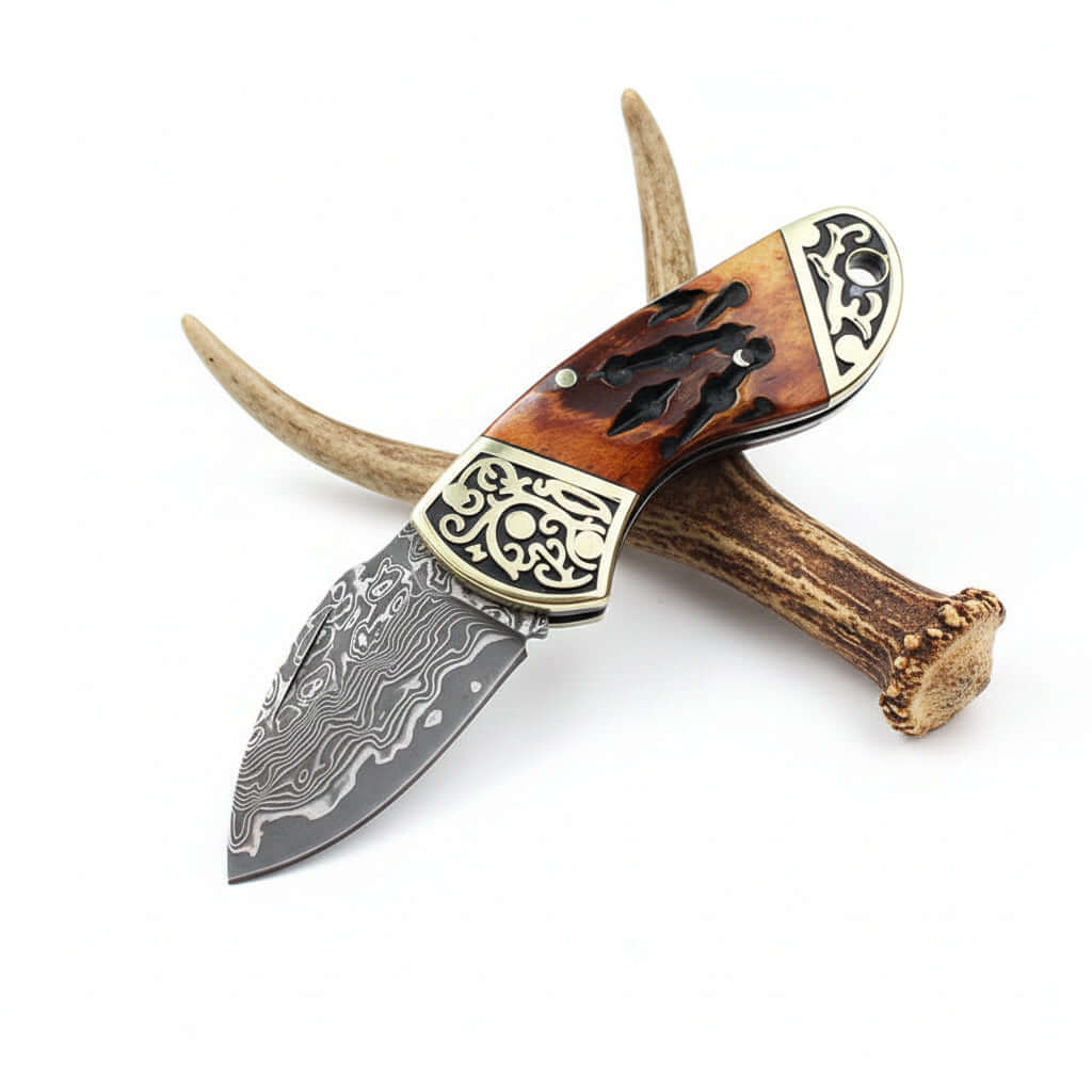Damascus Steel Folding Knife – Brown Bone & Brass Handle Pocket Knife for Men | EDC Gift Knife - Hadi Craft
