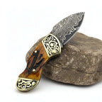 Damascus Steel Folding Knife – Brown Bone & Brass Handle Pocket Knife for Men | EDC Gift Knife - Hadi Craft
