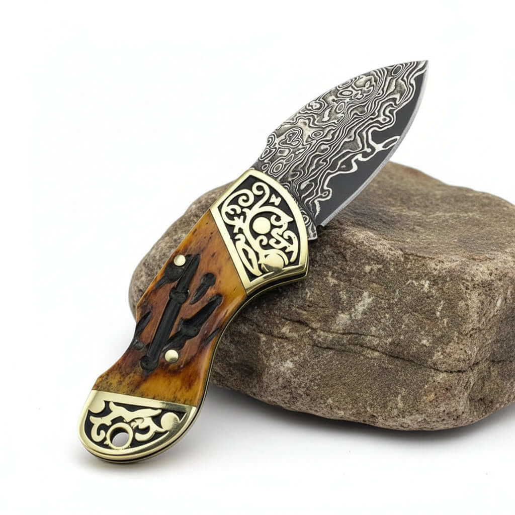 Damascus Steel Folding Knife – Brown Bone & Brass Handle Pocket Knife for Men | EDC Gift Knife - Hadi Craft