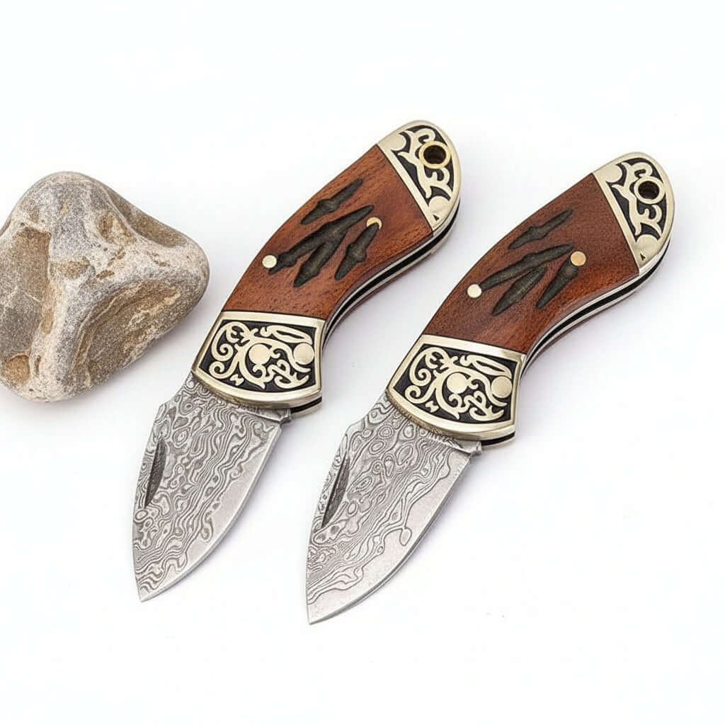 Damascus Steel Folding Knife – Brown Bone & Brass Handle Pocket Knife for Men | EDC Gift Knife - Hadi Craft