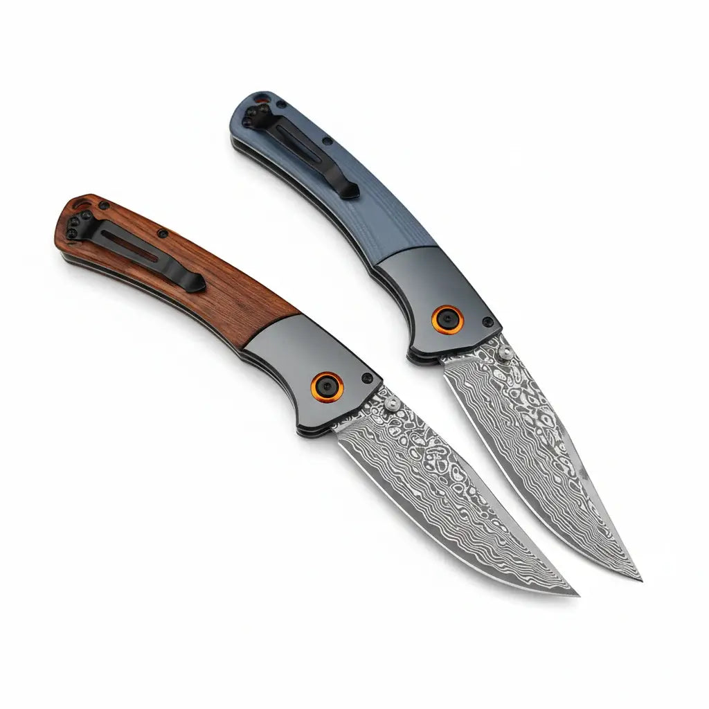 Damascus Steel Folding Knife – Handmade EDC Pocket Knife with Wooden/G10 Handle for Camping & Outdoor - Hadi Craft