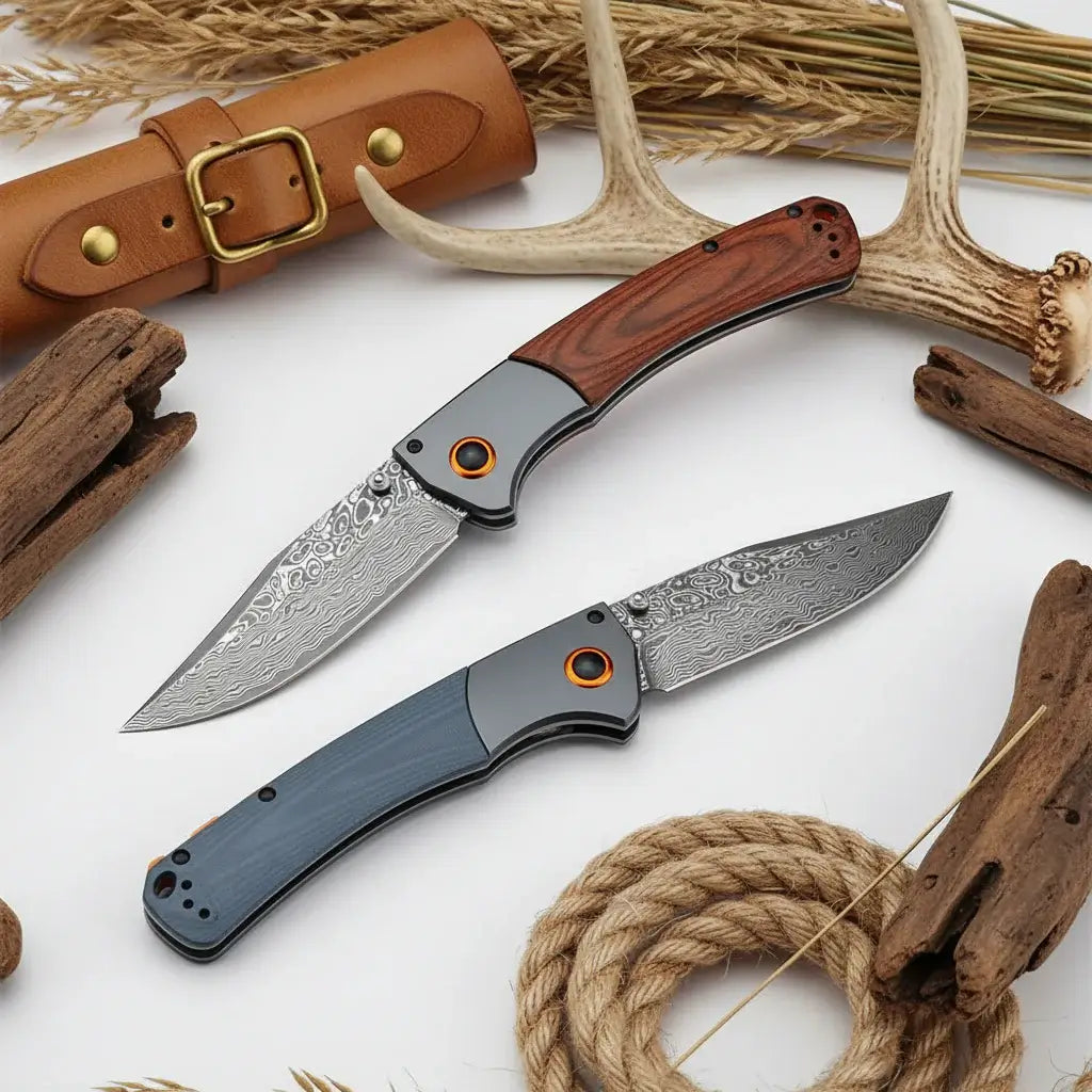Damascus Steel Folding Knife – Handmade EDC Pocket Knife with Wooden/G10 Handle for Camping & Outdoor - Hadi Craft
