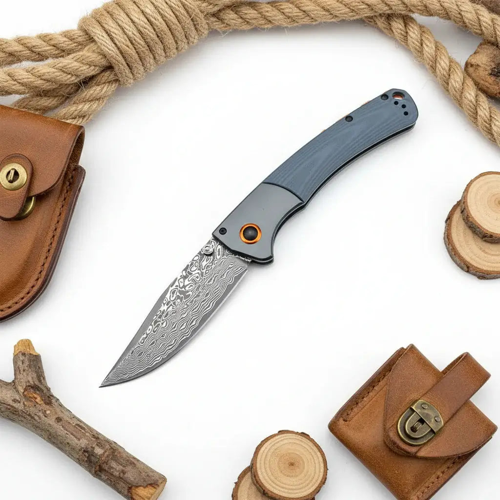 Damascus Steel Folding Knife – Handmade EDC Pocket Knife with Wooden/G10 Handle for Camping & Outdoor - Hadi Craft