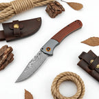 Damascus Steel Folding Knife – Handmade EDC Pocket Knife with Wooden/G10 Handle for Camping & Outdoor - Hadi Craft
