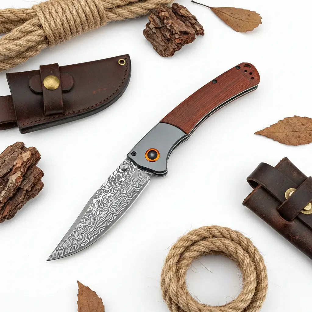 Damascus Steel Folding Knife – Handmade EDC Pocket Knife with Wooden/G10 Handle for Camping & Outdoor - Hadi Craft