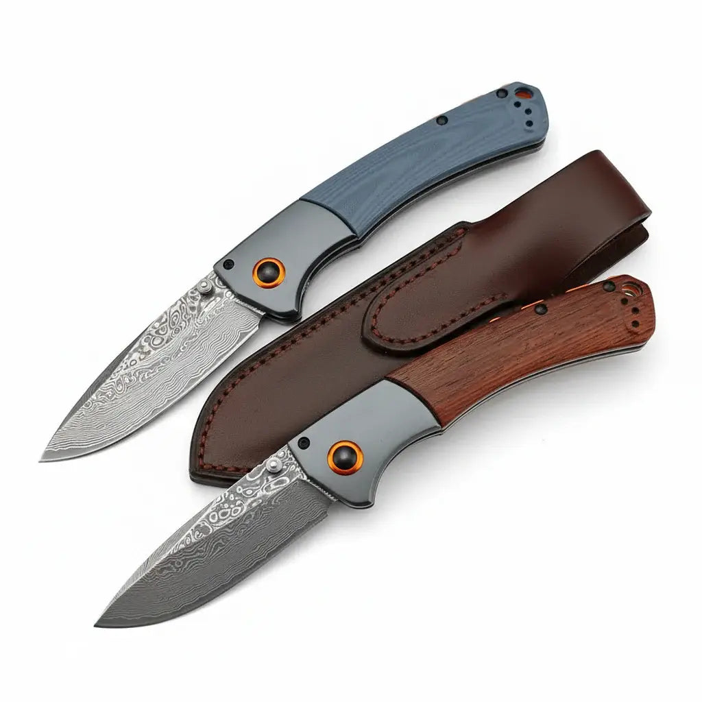 Damascus Steel Folding Knife – Handmade EDC Pocket Knife with Wooden/G10 Handle for Camping & Outdoor - Hadi Craft