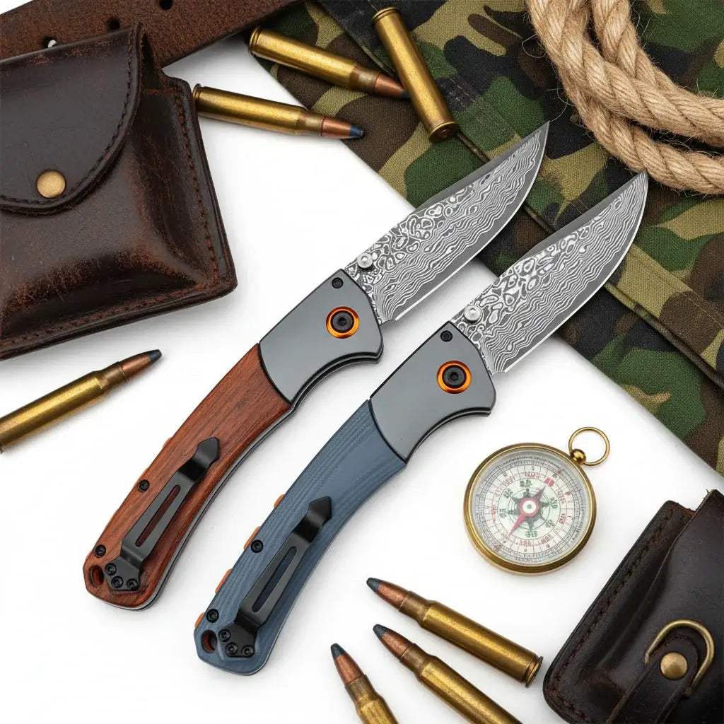 Damascus Steel Folding Knife – Handmade EDC Pocket Knife with Wooden/G10 Handle for Camping & Outdoor - Hadi Craft