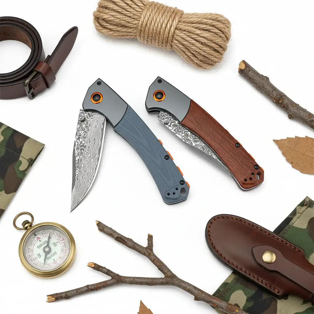 Damascus Steel Folding Knife – Handmade EDC Pocket Knife with Wooden/G10 Handle for Camping & Outdoor - Hadi Craft