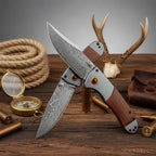 Damascus Steel Folding Knife – Handmade EDC Pocket Knife with Wooden/G10 Handle for Camping & Outdoor - Hadi Craft