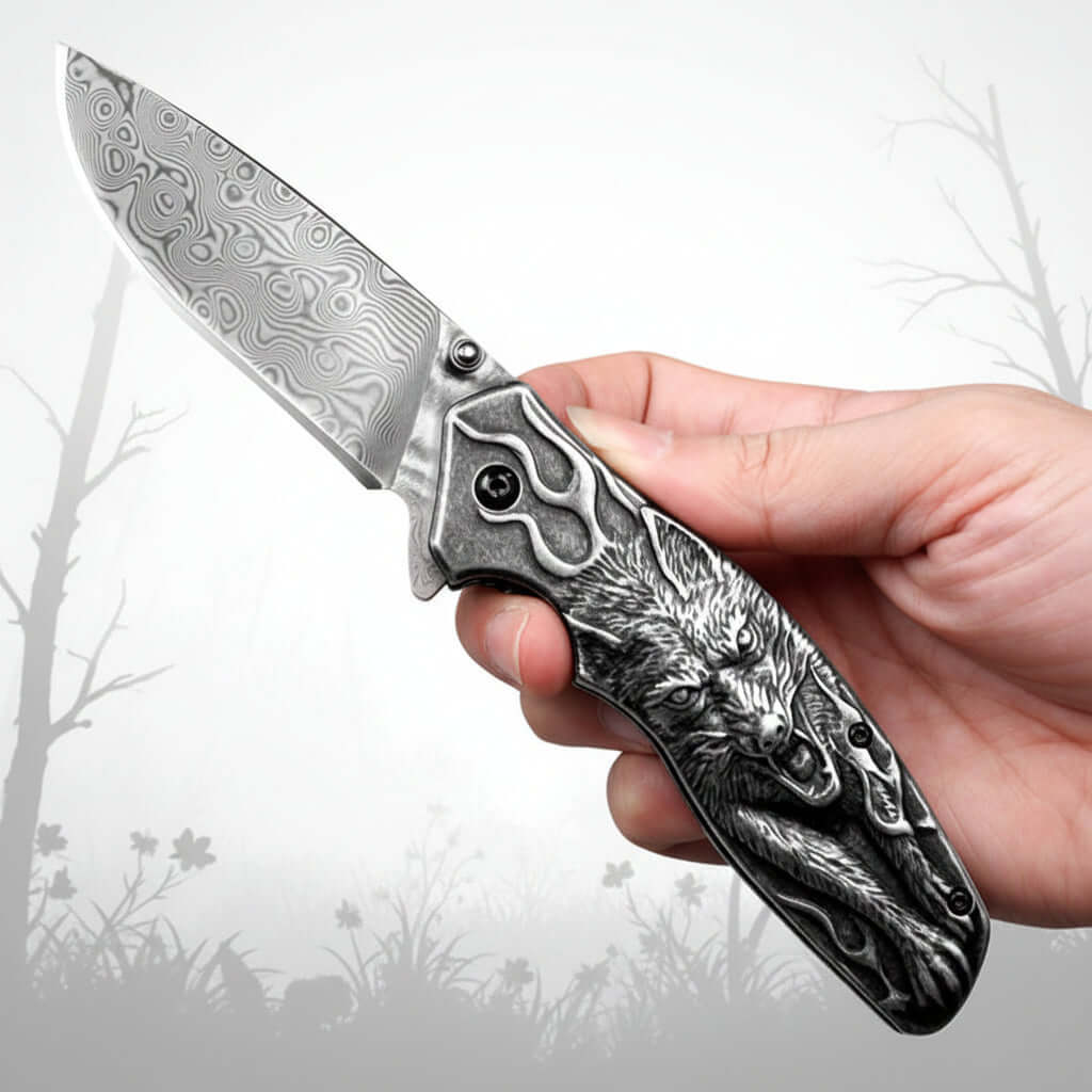 Damascus Steel Folding Knife – Handmade Pocket Knife for Men, EDC & Gift - Hadi Craft