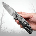 Damascus Steel Folding Knife – Handmade Pocket Knife for Men, EDC & Gift - Hadi Craft