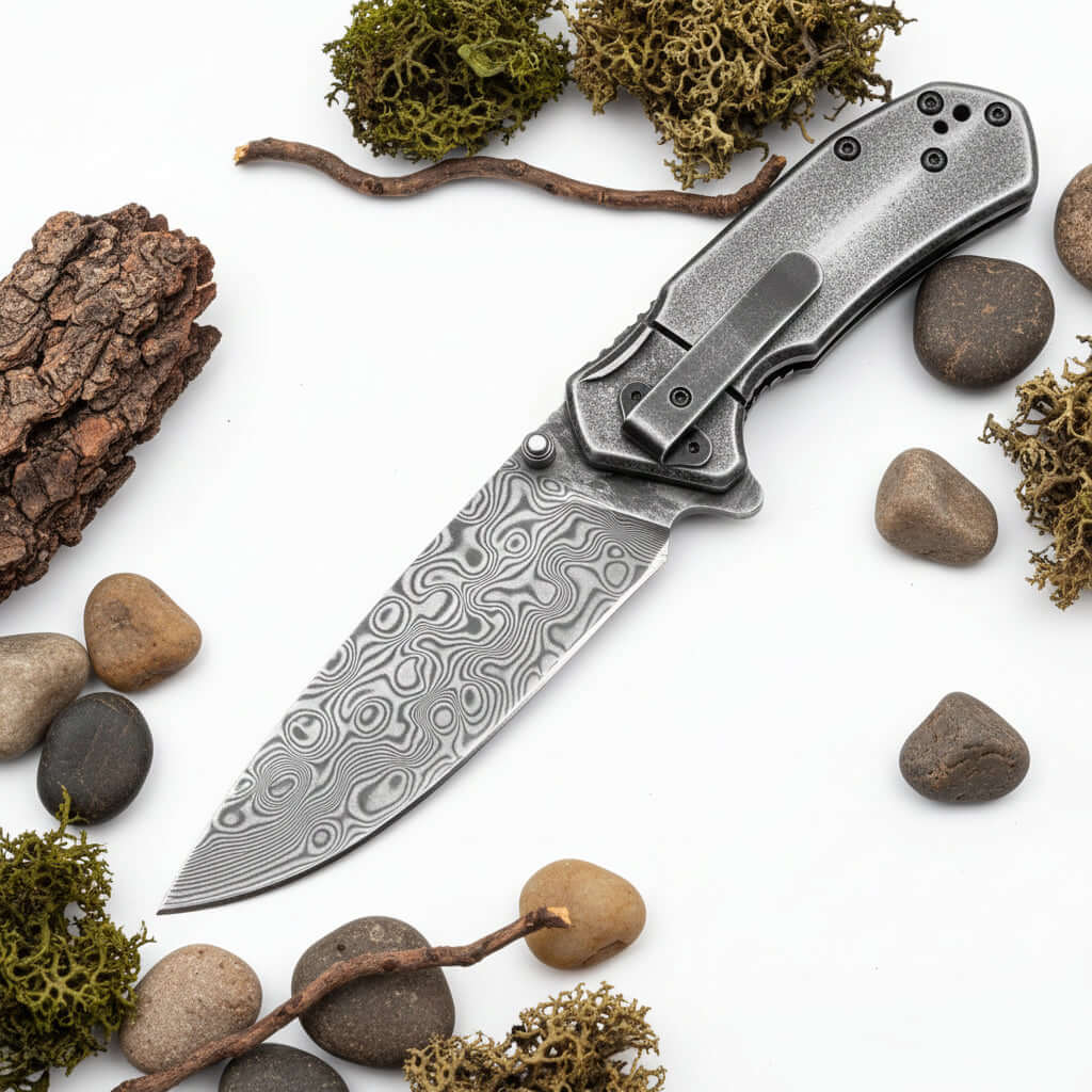 Damascus Steel Folding Knife – Handmade Pocket Knife for Men, EDC & Gift - Hadi Craft