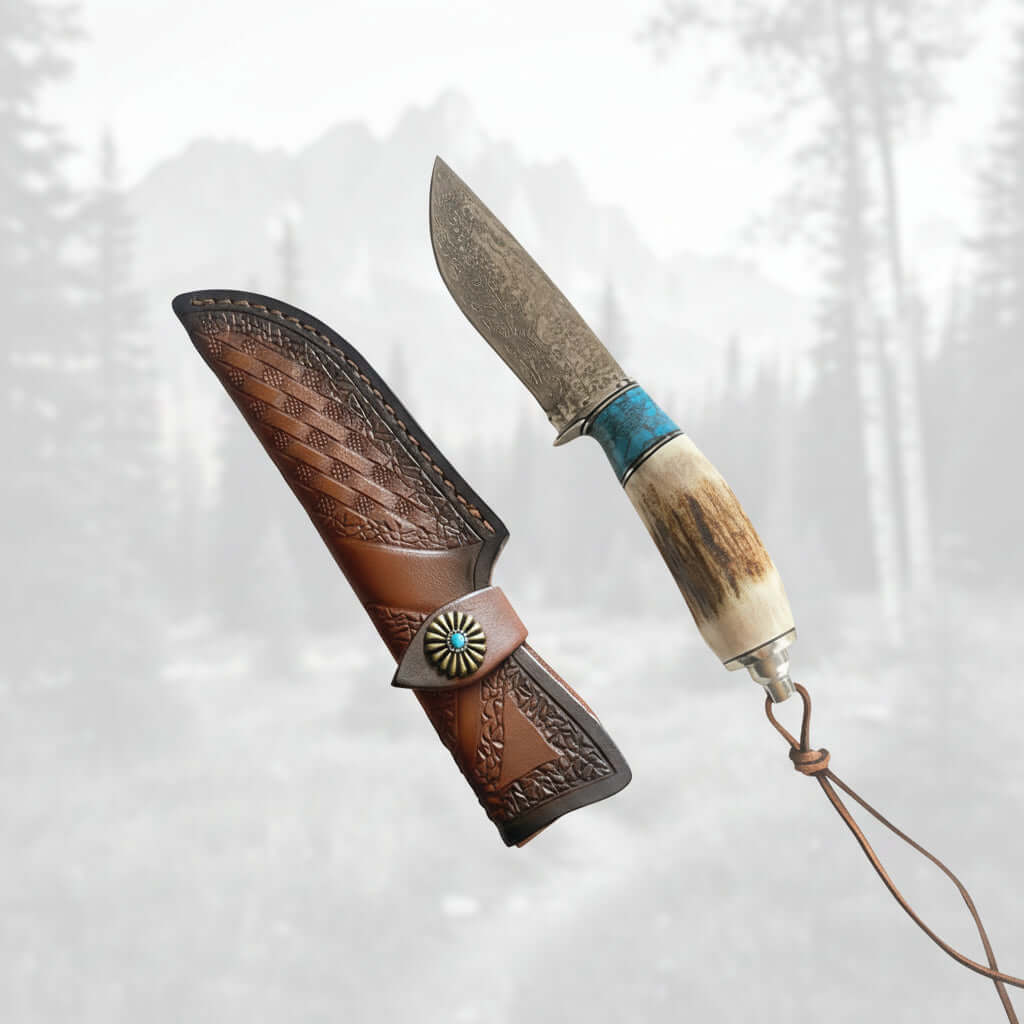 Damascus Steel Straight Knife – Antler & Turquoise Handle Outdoor Knife for Men | Gift Knife - Hadi Craft