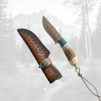 Damascus Steel Straight Knife – Antler & Turquoise Handle Outdoor Knife for Men | Gift Knife - Hadi Craft