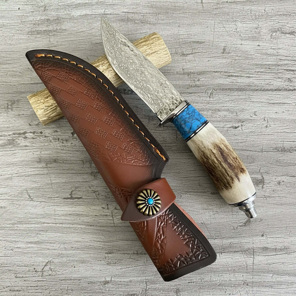 Damascus Steel Straight Knife – Antler & Turquoise Handle Outdoor Knife for Men | Gift Knife - Hadi Craft