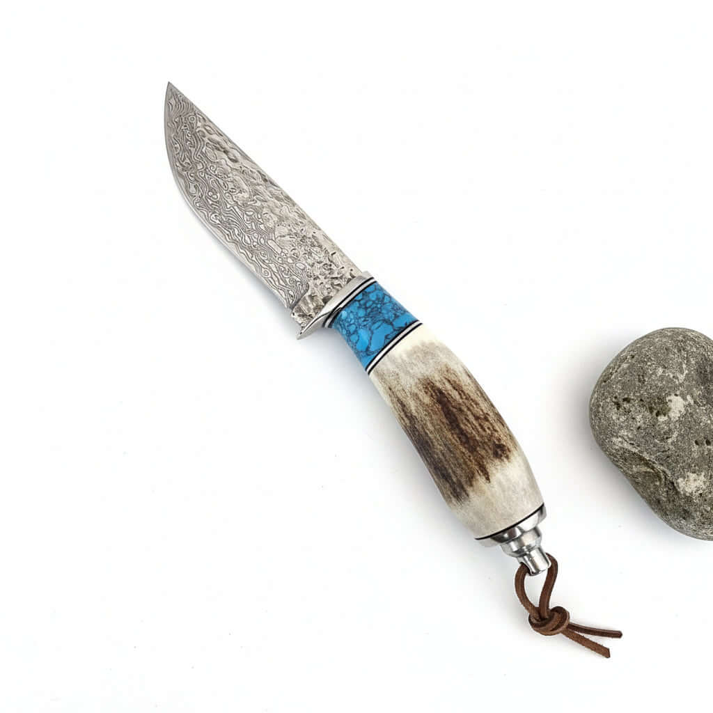Damascus Steel Straight Knife – Antler & Turquoise Handle Outdoor Knife for Men | Gift Knife - Hadi Craft