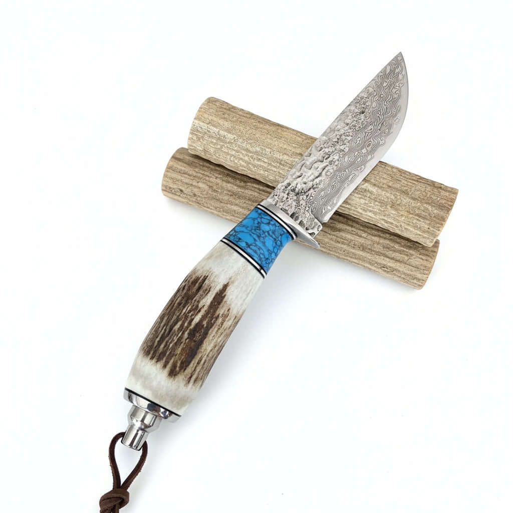 Damascus Steel Straight Knife – Antler & Turquoise Handle Outdoor Knife for Men | Gift Knife - Hadi Craft