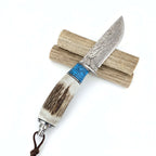 Damascus Steel Straight Knife – Antler & Turquoise Handle Outdoor Knife for Men | Gift Knife - Hadi Craft