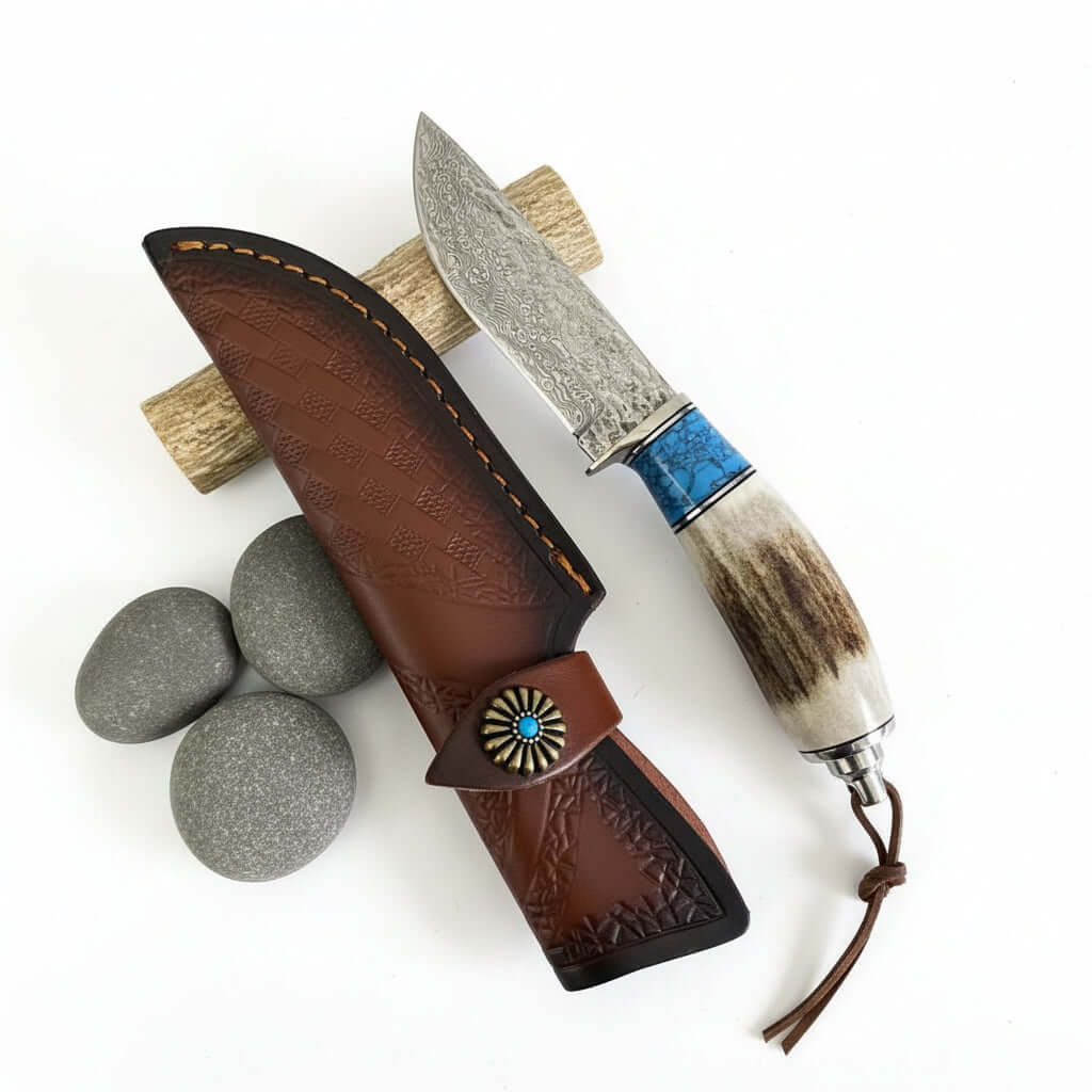 Damascus Steel Straight Knife – Antler & Turquoise Handle Outdoor Knife for Men | Gift Knife - Hadi Craft