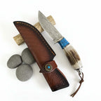 Damascus Steel Straight Knife – Antler & Turquoise Handle Outdoor Knife for Men | Gift Knife - Hadi Craft