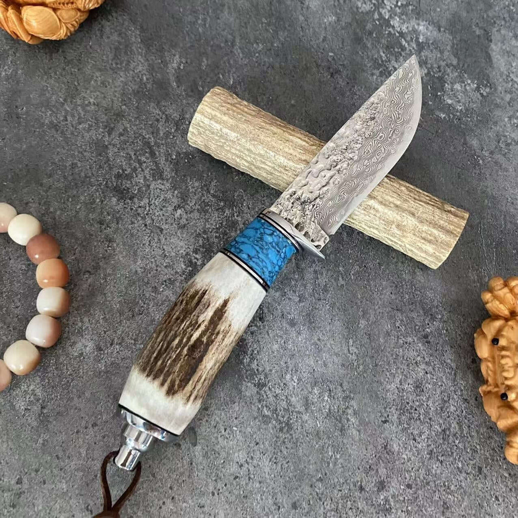 Damascus Steel Straight Knife – Antler & Turquoise Handle Outdoor Knife for Men | Gift Knife - Hadi Craft