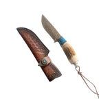 Damascus Steel Straight Knife – Antler & Turquoise Handle Outdoor Knife for Men | Gift Knife - Hadi Craft