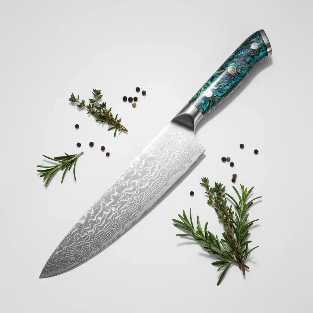 Damascus chef knife with abalone handle Shell Ergonomic Handle - Hadi Craft