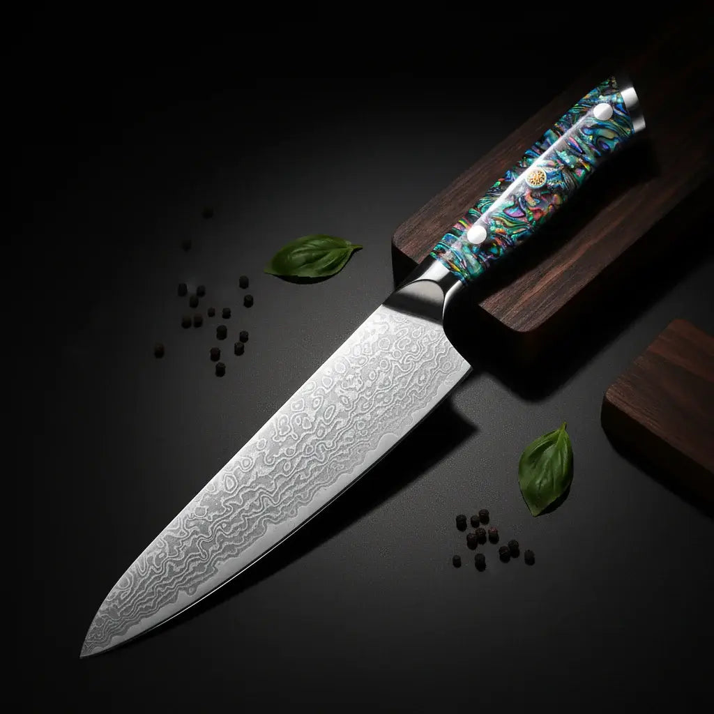 Damascus chef knife with abalone handle Shell Ergonomic Handle - Hadi Craft