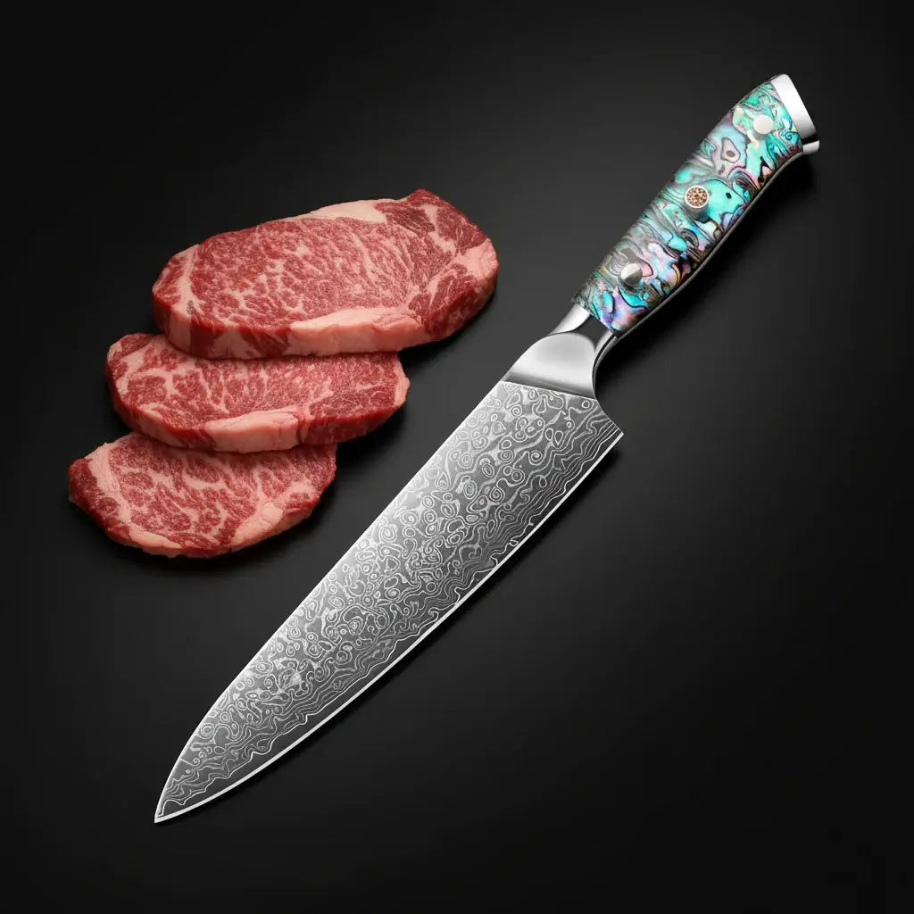 Damascus chef knife with abalone handle Shell Ergonomic Handle - Hadi Craft