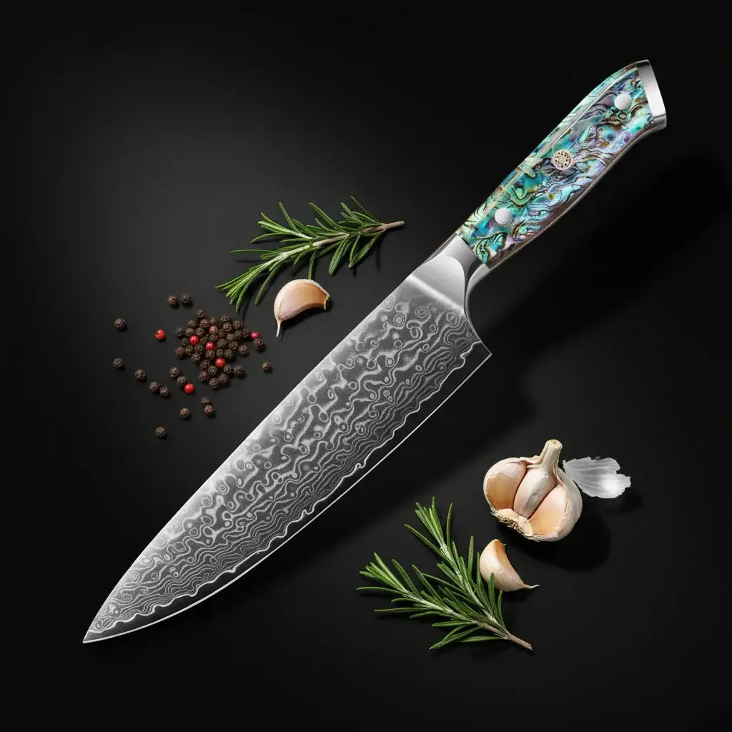 Damascus chef knife with abalone handle Shell Ergonomic Handle - Hadi Craft
