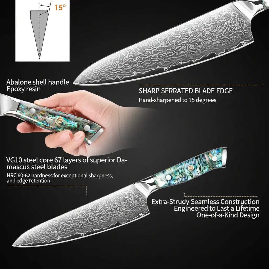 Damascus chef knife with abalone handle Shell Ergonomic Handle - Hadi Craft