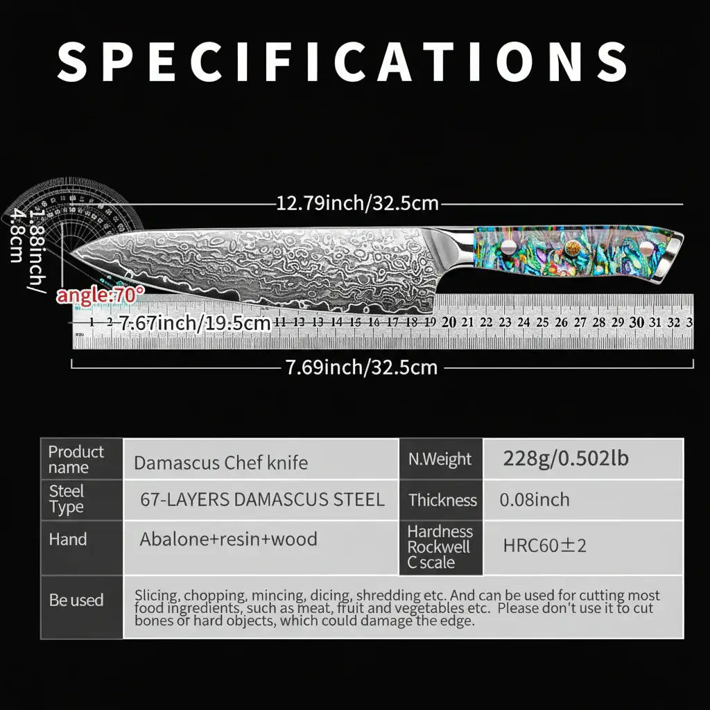 Damascus chef knife with abalone handle Shell Ergonomic Handle - Hadi Craft
