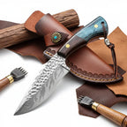 Damascus outdoor fixed blade knife Outdoor Knife with Leather Sheath - Hadi Craft