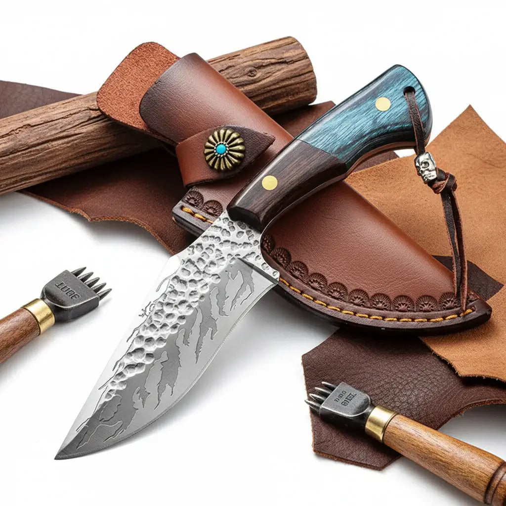 Damascus outdoor fixed blade knife Outdoor Knife with Leather Sheath - Hadi Craft