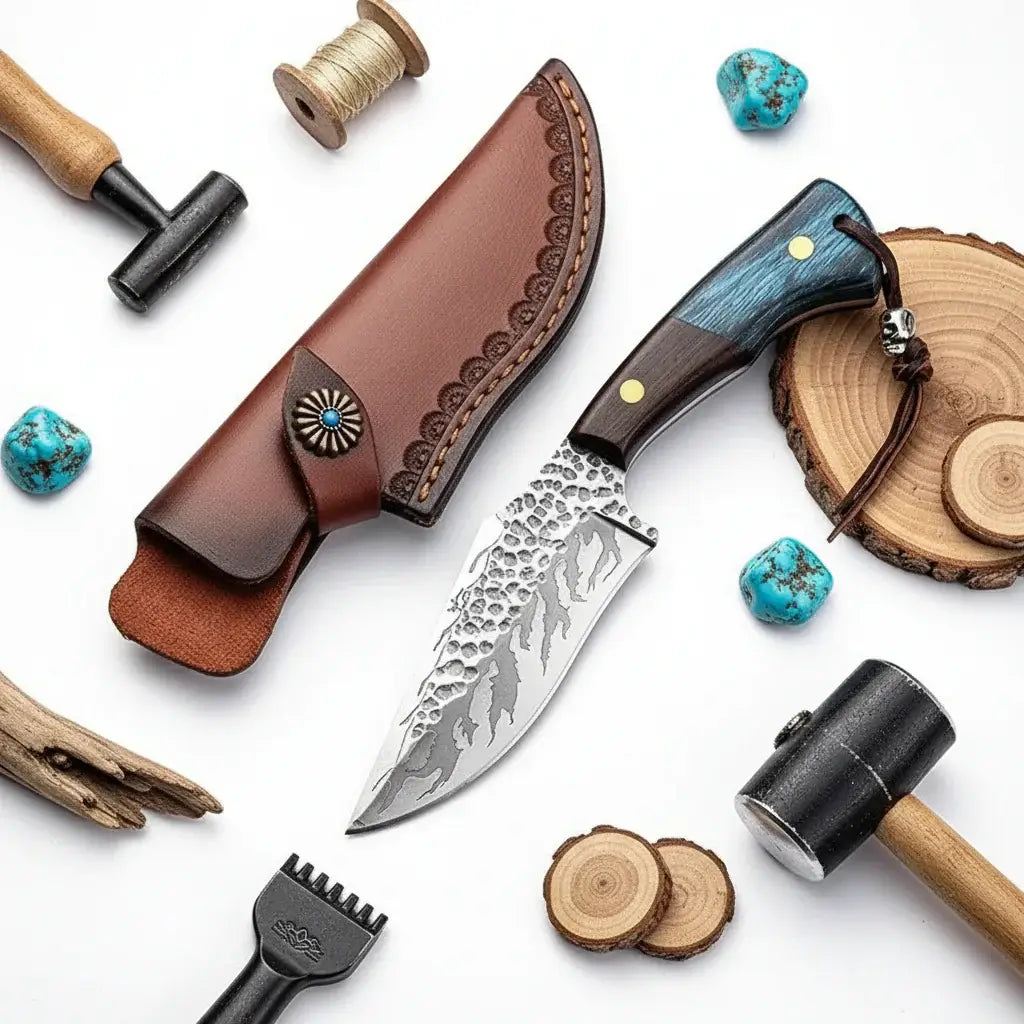 Damascus outdoor fixed blade knife Outdoor Knife with Leather Sheath - Hadi Craft