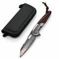 Damascus steel folding knife Rosewood+steel Handle Ball Bearing - Hadi Craft
