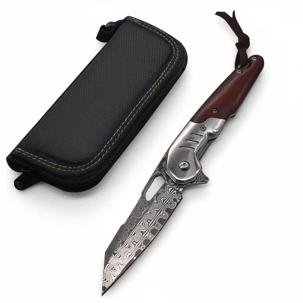 Damascus steel folding knife Rosewood+steel Handle Ball Bearing - Hadi Craft