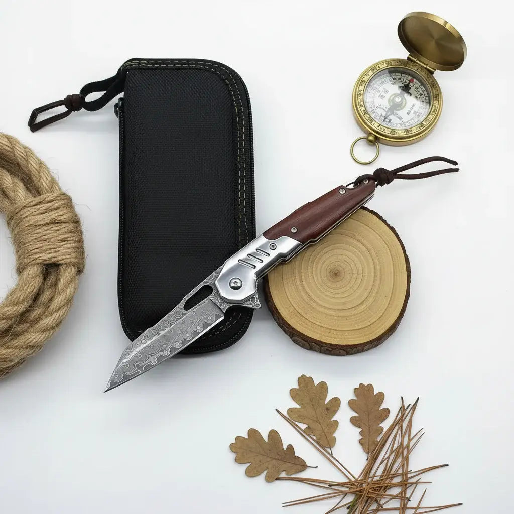 Damascus steel folding knife Rosewood+steel Handle Ball Bearing - Hadi Craft