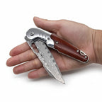 Damascus steel folding knife Rosewood+steel Handle Ball Bearing - Hadi Craft