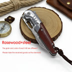 Damascus steel folding knife Rosewood+steel Handle Ball Bearing - Hadi Craft