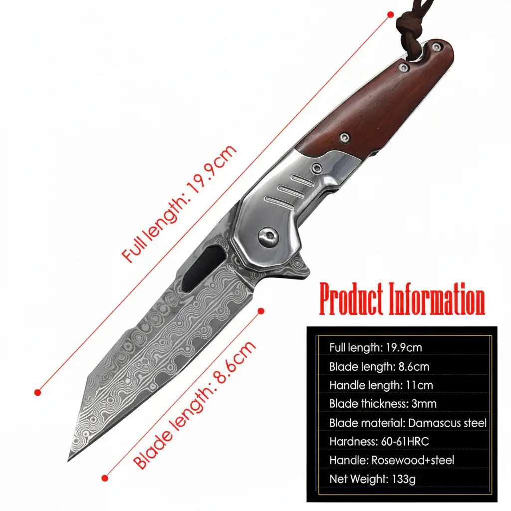 Damascus steel folding knife Rosewood+steel Handle Ball Bearing - Hadi Craft