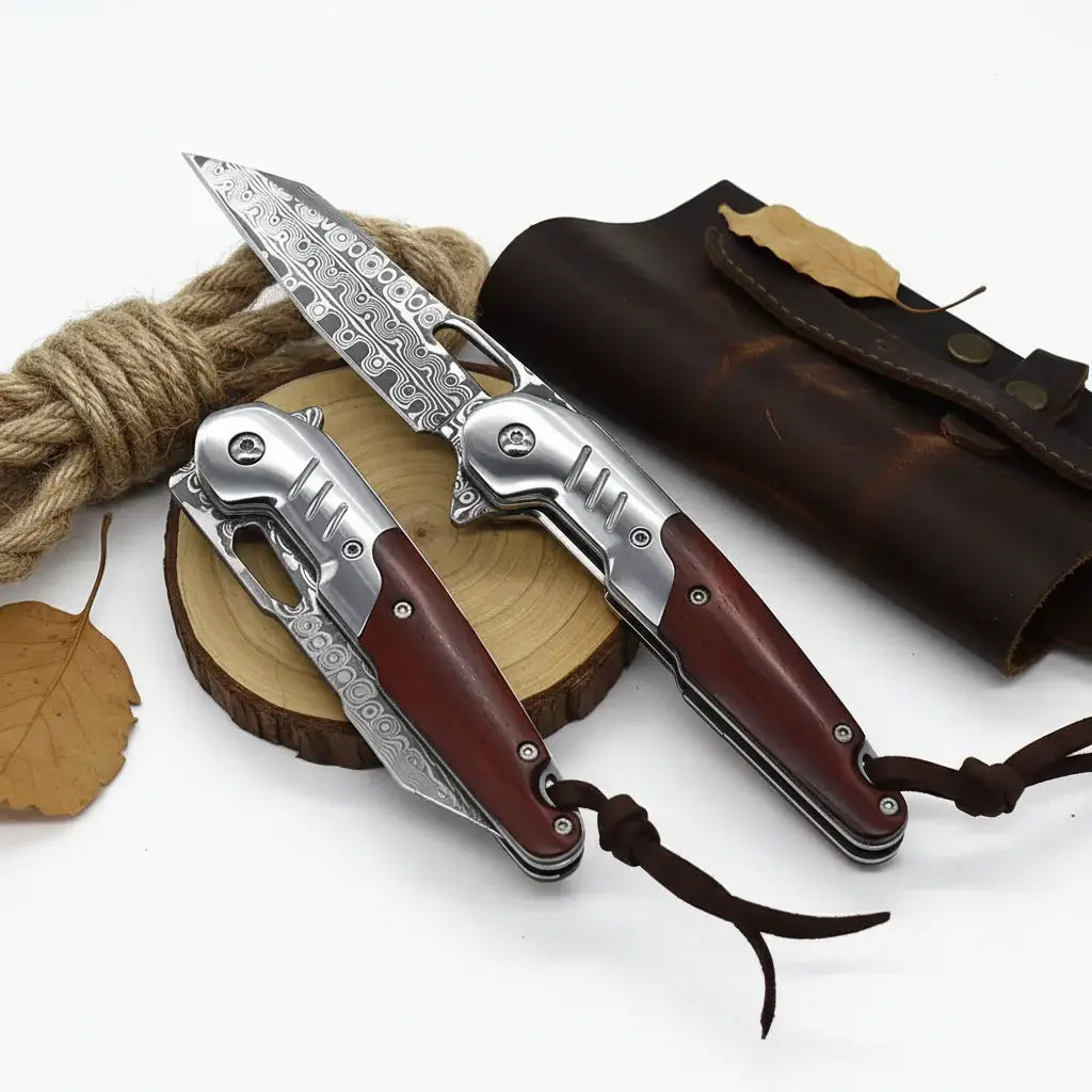 Damascus steel folding knife Rosewood+steel Handle Ball Bearing - Hadi Craft